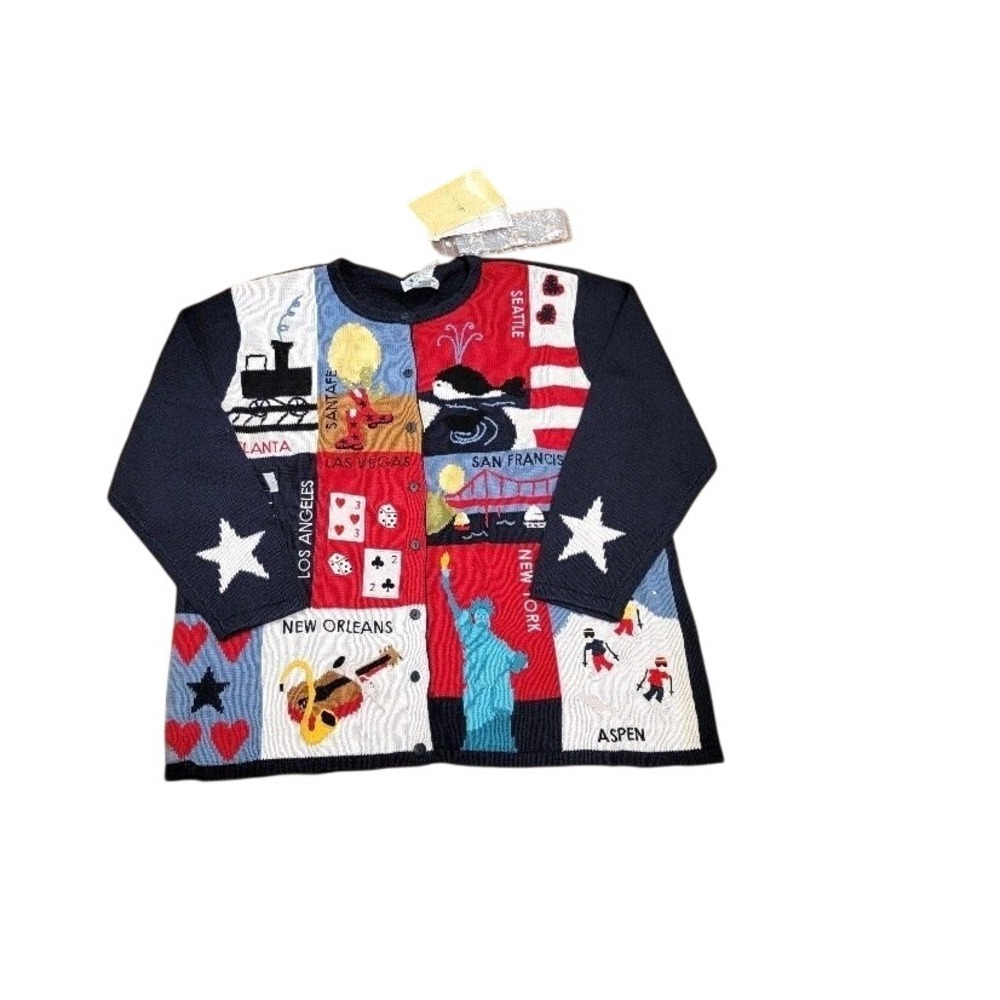 Vintage 90's USA Travel Sweater, Novelty Cardigan, 1X Blue Red Quacker Factory - Picture 11 of 11